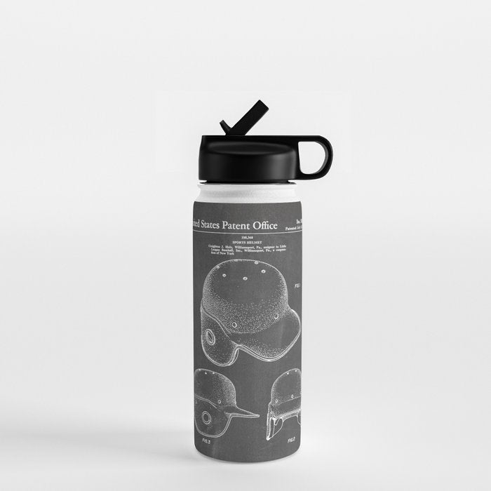 Baseball Helmet Patent - Baseball Player Art - Black Chalkboard Water Bottle Gallery Image 1