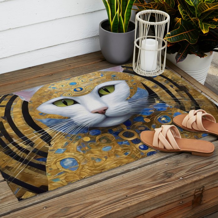 Gustav Klimt Style White Cat with Beautiful Costume Outdoor Rug Gallery Image 2