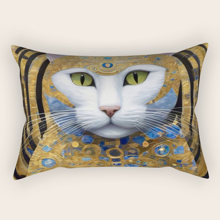 Gustav Klimt Style White Cat with Beautiful Costume Rectangular Pillow Gallery Image 2