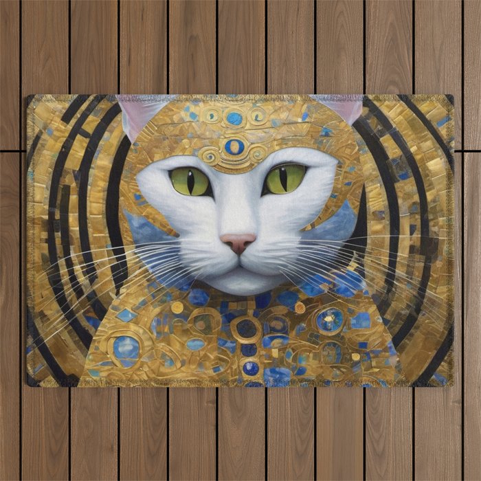 Gustav Klimt Style White Cat with Beautiful Costume Outdoor Rug Gallery Image 1