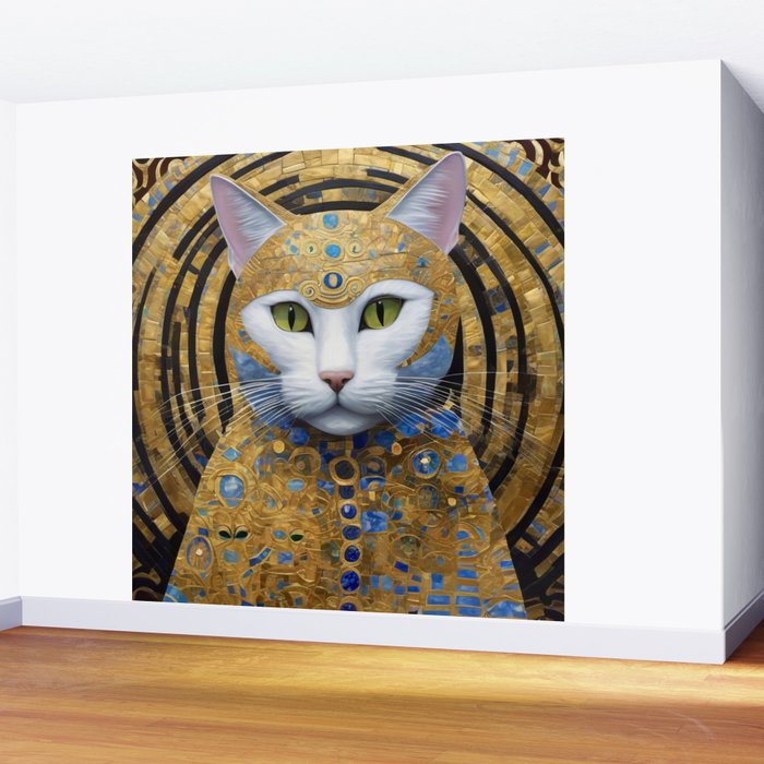 Gustav Klimt Style White Cat with Beautiful Costume Wall Mural Gallery Image 2