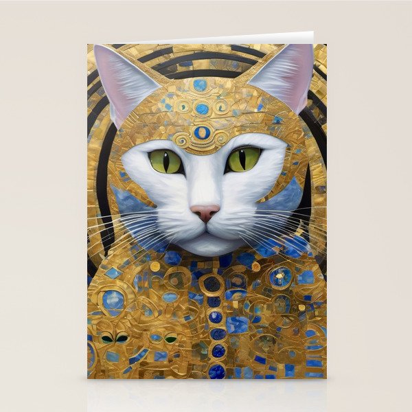 Gustav Klimt Style White Cat with Beautiful Costume Stationery Card Gallery Image 1