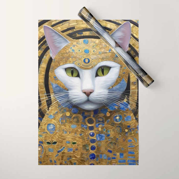 Gustav Klimt Style White Cat with Beautiful Costume Wrapping Paper Gallery Image 1