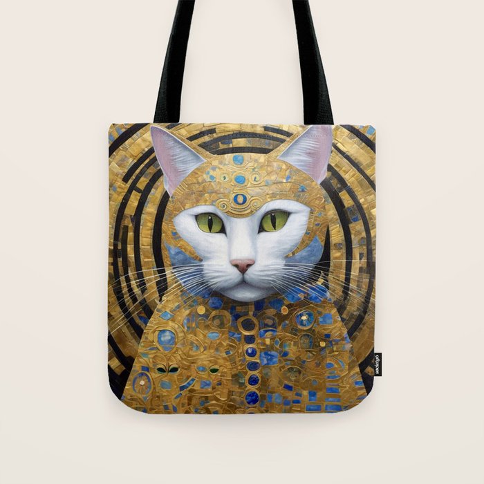 Gustav Klimt Style White Cat with Beautiful Costume Tote Bag Gallery Image 1
