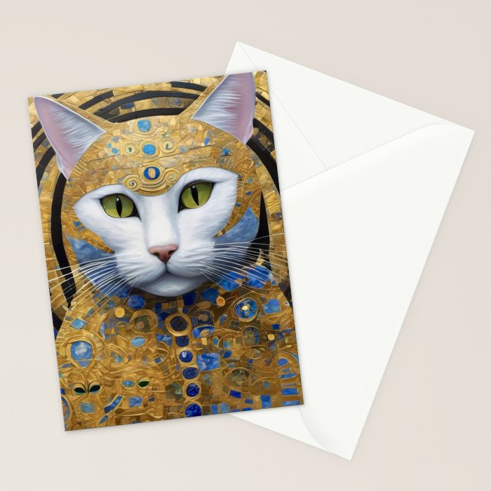 Gustav Klimt Style White Cat with Beautiful Costume Stationery Card Gallery Image 2