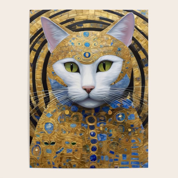Gustav Klimt Style White Cat with Beautiful Costume Poster Gallery Image 1