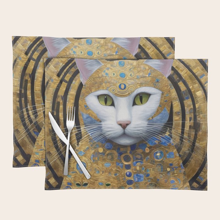 Gustav Klimt Style White Cat with Beautiful Costume Placemat Gallery Image 1