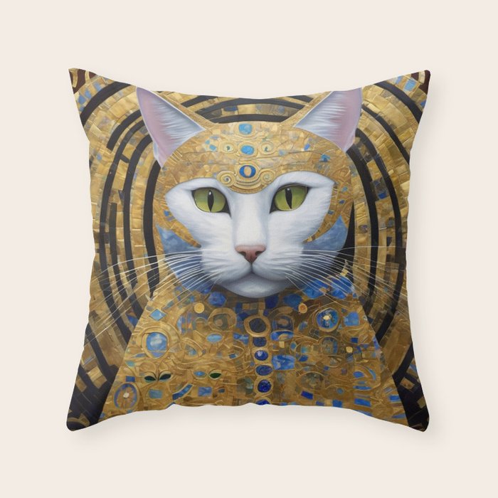 Gustav Klimt Style White Cat with Beautiful Costume Throw Pillow Gallery Image 6