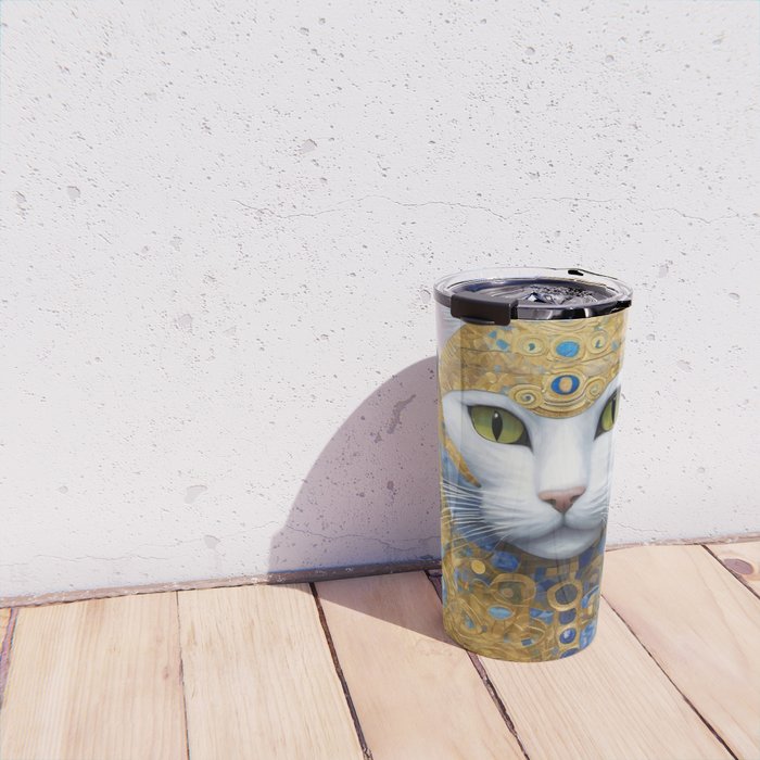 Gustav Klimt Style White Cat with Beautiful Costume Travel Mug Gallery Image 4