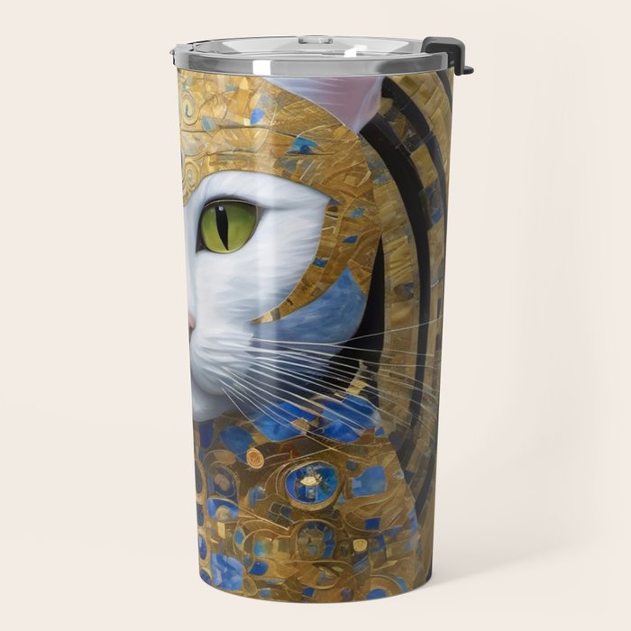 Gustav Klimt Style White Cat with Beautiful Costume Travel Mug Gallery Image 2