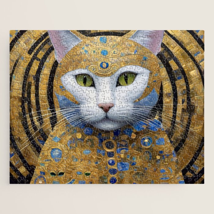 Gustav Klimt Style White Cat with Beautiful Costume Jigsaw Puzzle Gallery Image 1