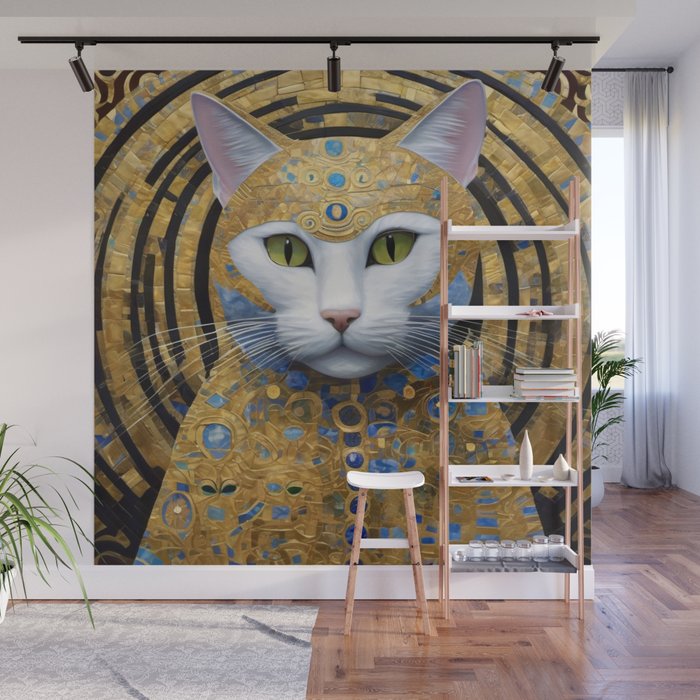Gustav Klimt Style White Cat with Beautiful Costume Wall Mural Gallery Image 1