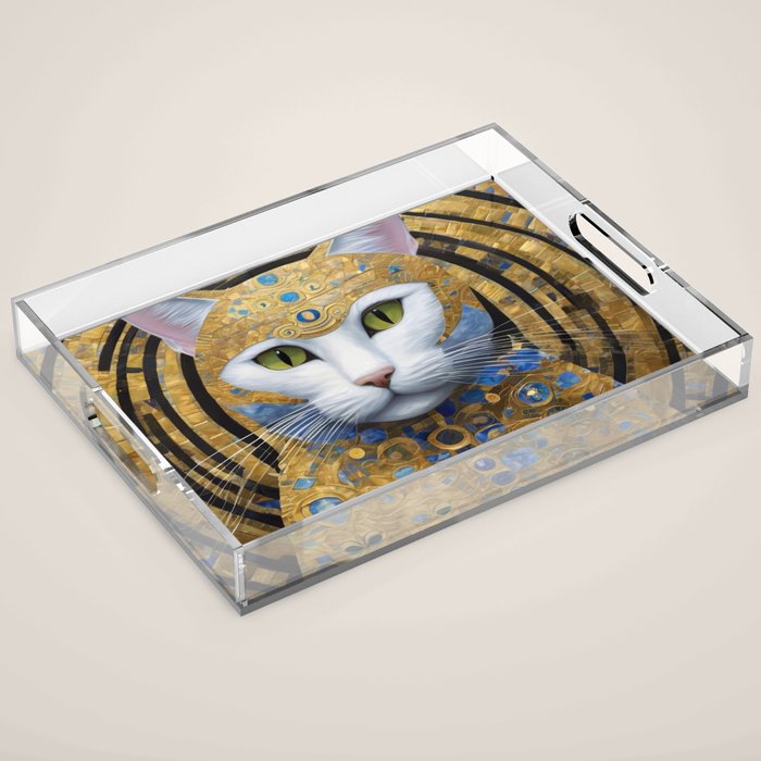 Gustav Klimt Style White Cat with Beautiful Costume Acrylic Tray Gallery Image 1
