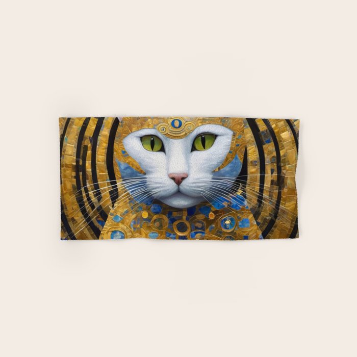 Gustav Klimt Style White Cat with Beautiful Costume Bath Towel Gallery Image 1