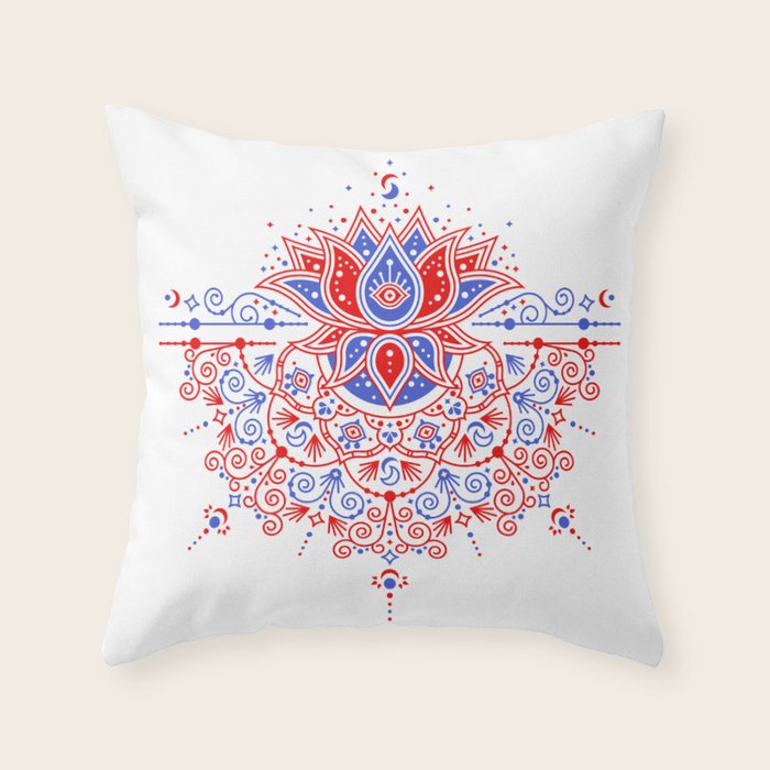 Sacred Lotus Mandala - Red & Blue Palette Throw Pillow Gallery Image 1