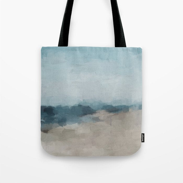 Beach Day I - Navy Ocean Horizon Sandy Sunny Clear Blue Skies Abstract Nature Painting Wall Art Tote Bag Gallery Image 1