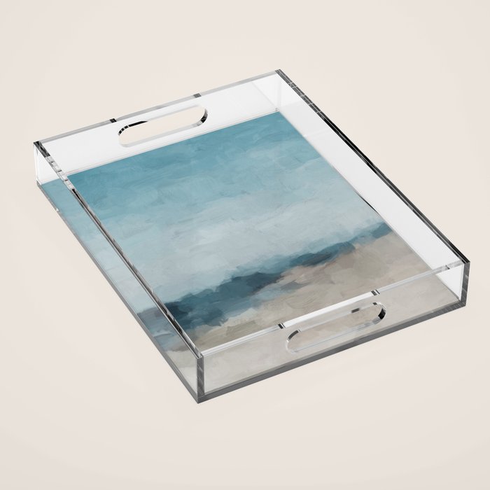 Beach Day I - Navy Ocean Horizon Sandy Sunny Clear Blue Skies Abstract Nature Painting Wall Art Acrylic Tray Gallery Image 1