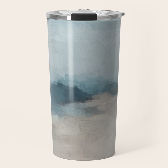 Beach Day I - Navy Ocean Horizon Sandy Sunny Clear Blue Skies Abstract Nature Painting Wall Art Travel Mug Gallery Image 1