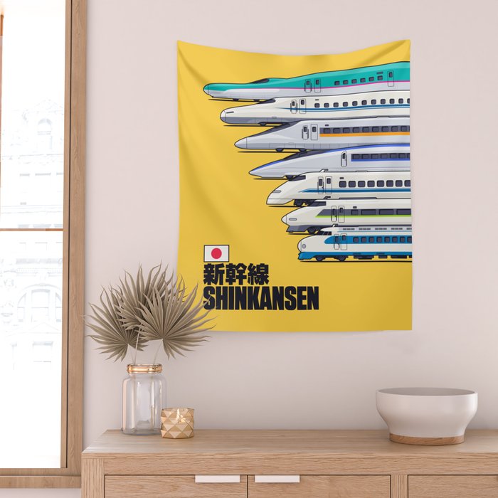 Shinkansen Bullet Train Evolution - Yellow Wall Tapestry Gallery Image 2