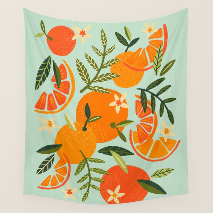 Orange Blooms - Mint Palette Wall Tapestry Gallery Image 1