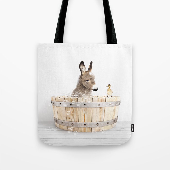 Baby Donkey in a Wooden Bathtub, Donkey Taking a Bath, Bathtub Animal Art Print By Synplus Tote Bag Gallery Image 1