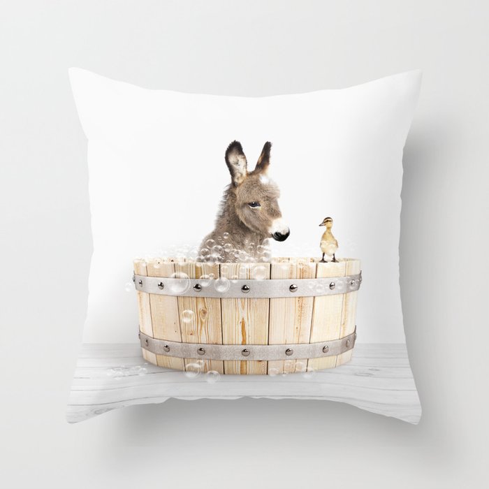 Baby Donkey in a Wooden Bathtub, Donkey Taking a Bath, Bathtub Animal Art Print By Synplus Throw Pillow Gallery Image 1