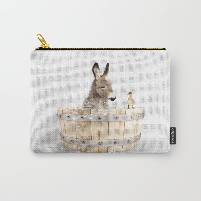 Baby Donkey in a Wooden Bathtub, Donkey Taking a Bath, Bathtub Animal Art Print By Synplus Carry All Pouch Gallery Image 1