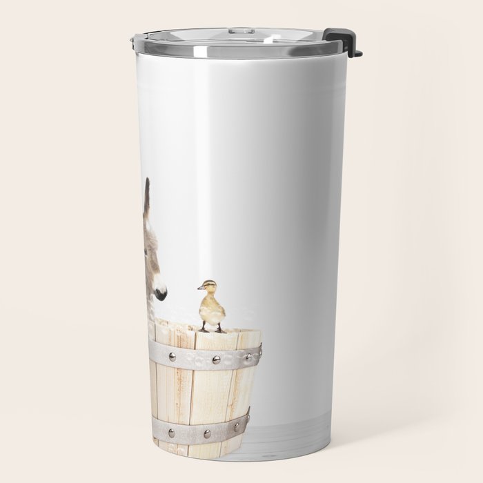 Baby Donkey in a Wooden Bathtub, Donkey Taking a Bath, Bathtub Animal Art Print By Synplus Travel Mug Gallery Image 2