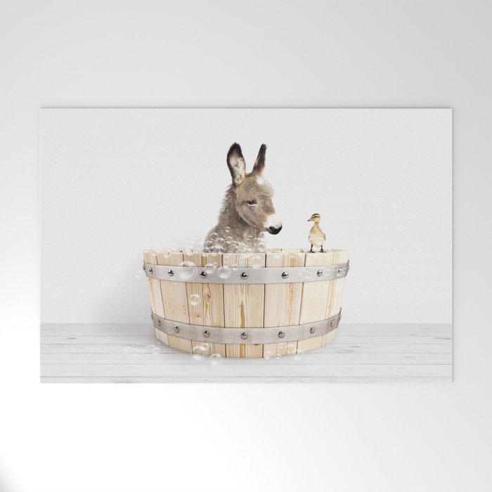 Baby Donkey in a Wooden Bathtub, Donkey Taking a Bath, Bathtub Animal Art Print By Synplus Welcome Mat Gallery Image 1