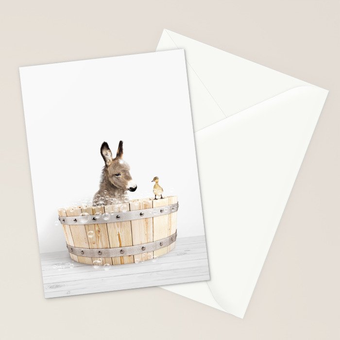 Baby Donkey in a Wooden Bathtub, Donkey Taking a Bath, Bathtub Animal Art Print By Synplus Stationery Card Gallery Image 2