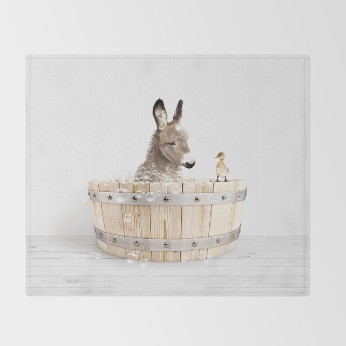Baby Donkey in a Wooden Bathtub, Donkey Taking a Bath, Bathtub Animal Art Print By Synplus Throw Blanket Gallery Image 2