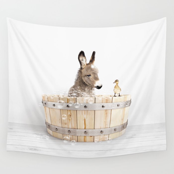 Baby Donkey in a Wooden Bathtub, Donkey Taking a Bath, Bathtub Animal Art Print By Synplus Wall Tapestry Gallery Image 1