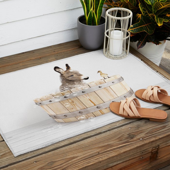 Baby Donkey in a Wooden Bathtub, Donkey Taking a Bath, Bathtub Animal Art Print By Synplus Outdoor Rug Gallery Image 2