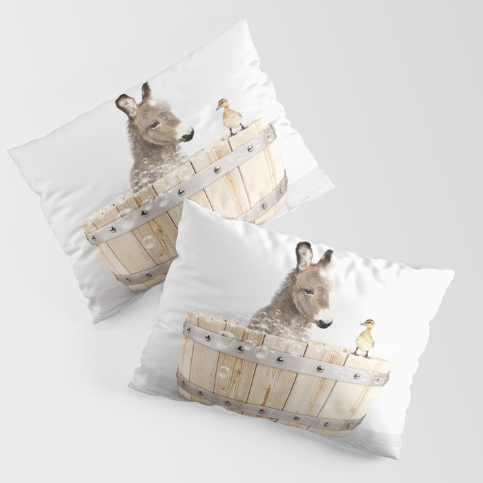 Baby Donkey in a Wooden Bathtub, Donkey Taking a Bath, Bathtub Animal Art Print By Synplus Pillow Sham