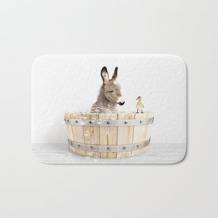 Baby Donkey in a Wooden Bathtub, Donkey Taking a Bath, Bathtub Animal Art Print By Synplus Bath Mat Gallery Image 1