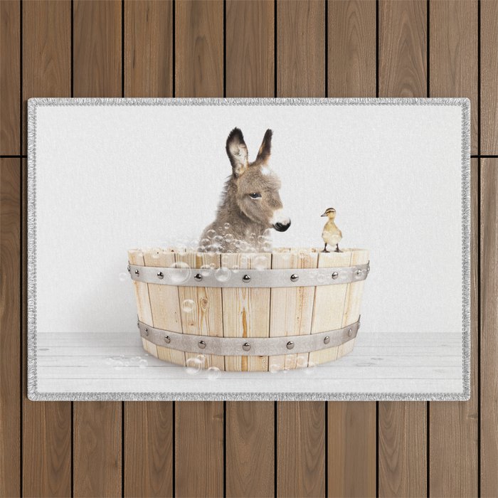 Baby Donkey in a Wooden Bathtub, Donkey Taking a Bath, Bathtub Animal Art Print By Synplus Outdoor Rug Gallery Image 1
