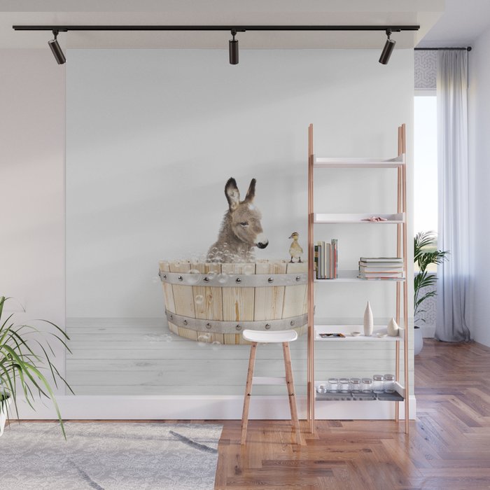 Baby Donkey in a Wooden Bathtub, Donkey Taking a Bath, Bathtub Animal Art Print By Synplus Wall Mural Gallery Image 1