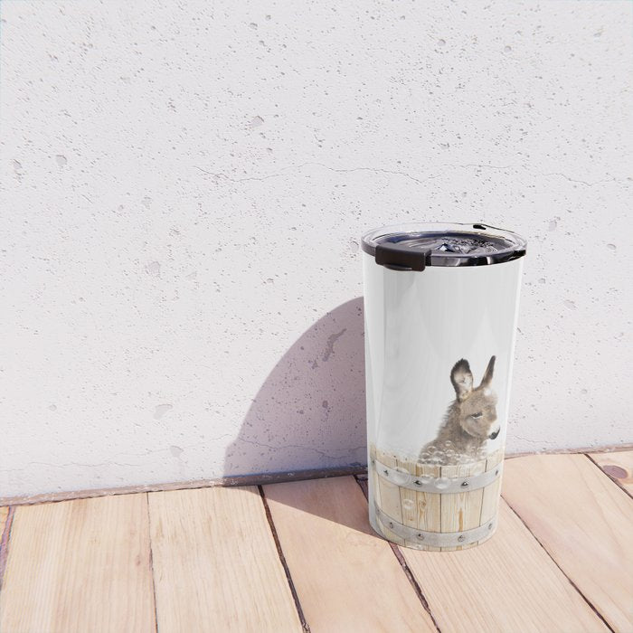 Baby Donkey in a Wooden Bathtub, Donkey Taking a Bath, Bathtub Animal Art Print By Synplus Travel Mug Gallery Image 4
