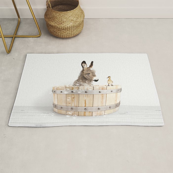 Baby Donkey in a Wooden Bathtub, Donkey Taking a Bath, Bathtub Animal Art Print By Synplus Rug Gallery Image 1