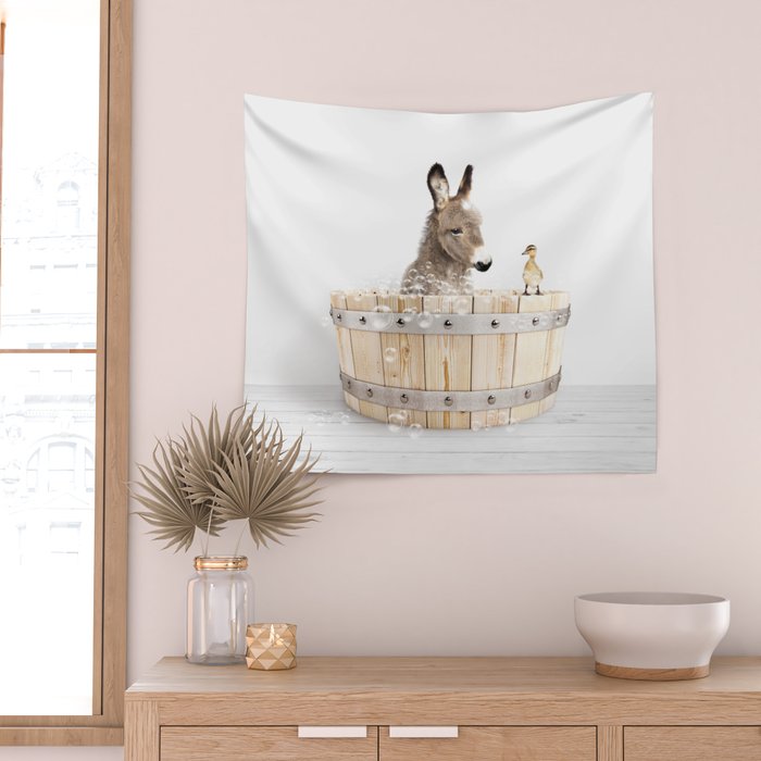 Baby Donkey in a Wooden Bathtub, Donkey Taking a Bath, Bathtub Animal Art Print By Synplus Wall Tapestry Gallery Image 2
