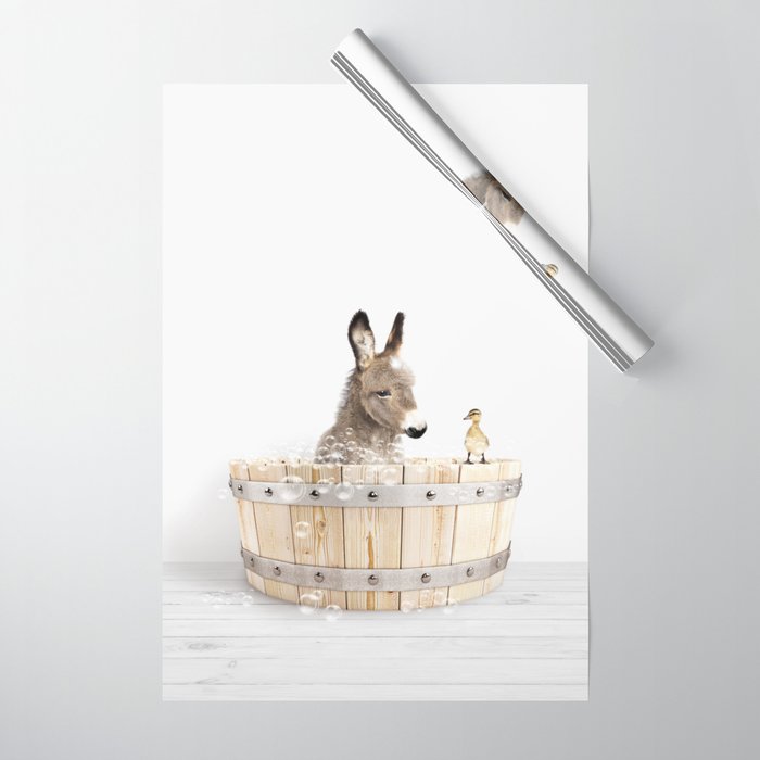 Baby Donkey in a Wooden Bathtub, Donkey Taking a Bath, Bathtub Animal Art Print By Synplus Wrapping Paper Gallery Image 1