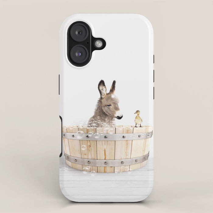 Baby Donkey in a Wooden Bathtub, Donkey Taking a Bath, Bathtub Animal Art Print By Synplus iPhone Case Gallery Image 1