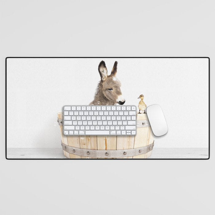 Baby Donkey in a Wooden Bathtub, Donkey Taking a Bath, Bathtub Animal Art Print By Synplus Desk Mat Gallery Image 1
