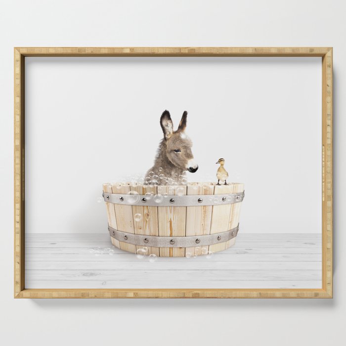 Baby Donkey in a Wooden Bathtub, Donkey Taking a Bath, Bathtub Animal Art Print By Synplus Serving Tray Gallery Image 1
