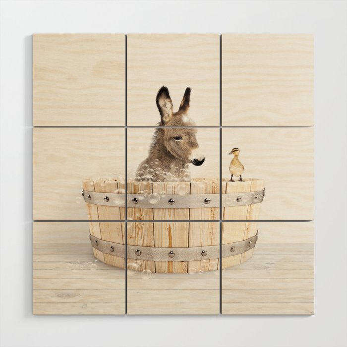Baby Donkey in a Wooden Bathtub, Donkey Taking a Bath, Bathtub Animal Art Print By Synplus Wood Wall Art