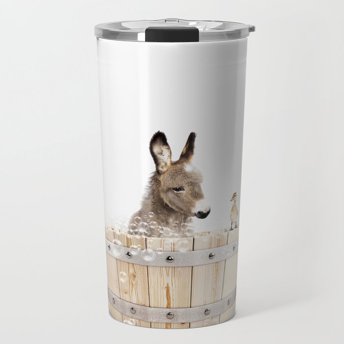 Baby Donkey in a Wooden Bathtub, Donkey Taking a Bath, Bathtub Animal Art Print By Synplus Travel Mug Gallery Image 1