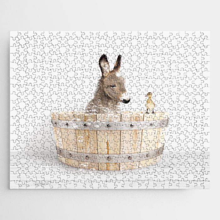 Baby Donkey in a Wooden Bathtub, Donkey Taking a Bath, Bathtub Animal Art Print By Synplus Jigsaw Puzzle Gallery Image 1