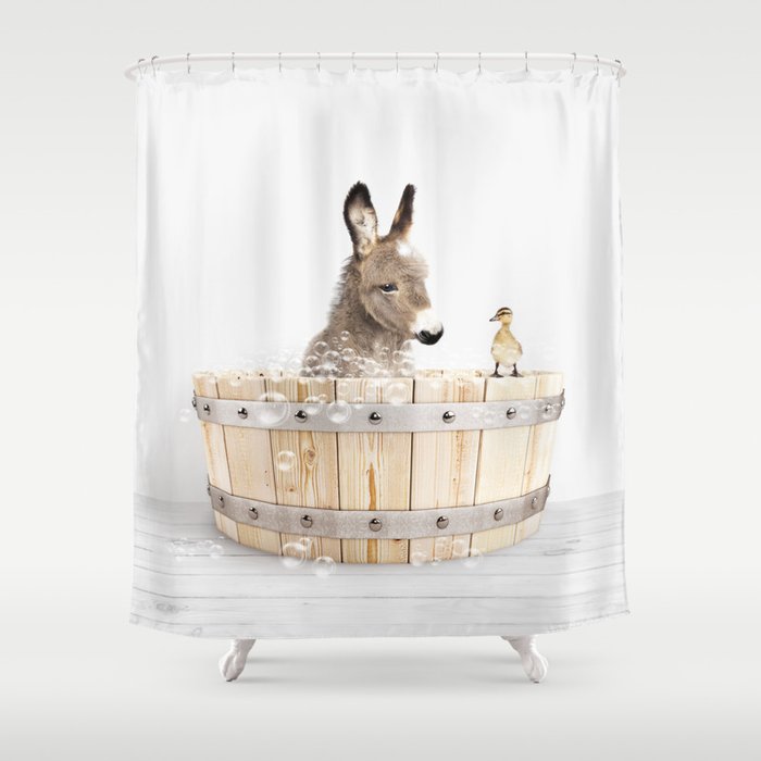 Baby Donkey in a Wooden Bathtub, Donkey Taking a Bath, Bathtub Animal Art Print By Synplus Shower Curtain Gallery Image 1