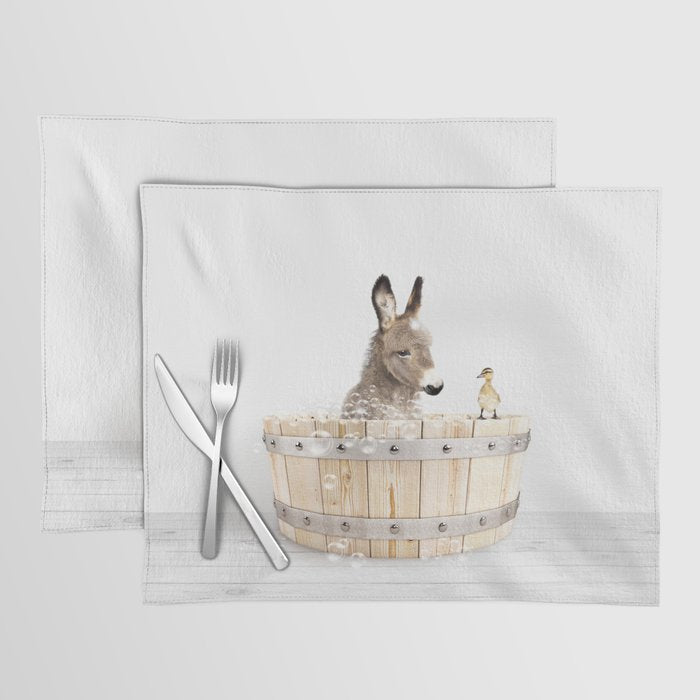 Baby Donkey in a Wooden Bathtub, Donkey Taking a Bath, Bathtub Animal Art Print By Synplus Placemat Gallery Image 1