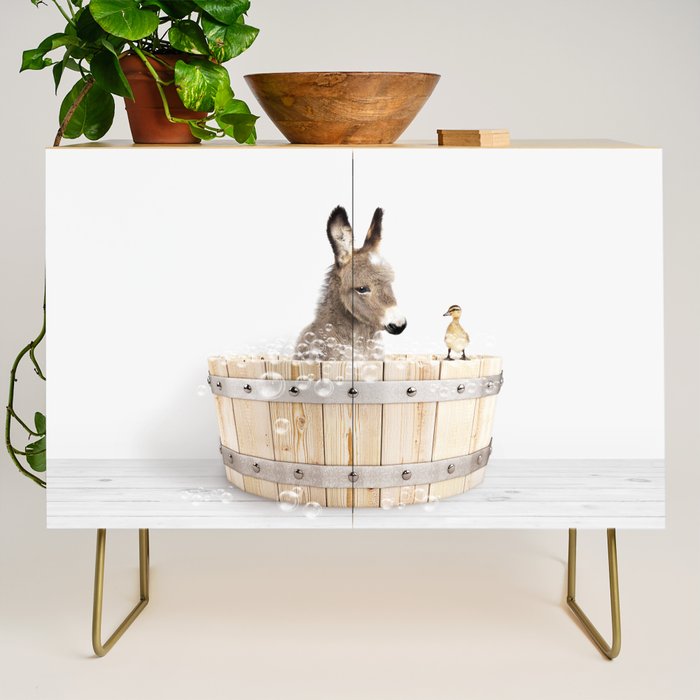 Baby Donkey in a Wooden Bathtub, Donkey Taking a Bath, Bathtub Animal Art Print By Synplus Credenza Gallery Image 1